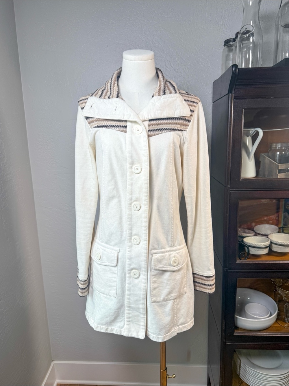 prAna Cream Fleece Knit Trim Button Front Jacket Coat Organic Cotton Size S
